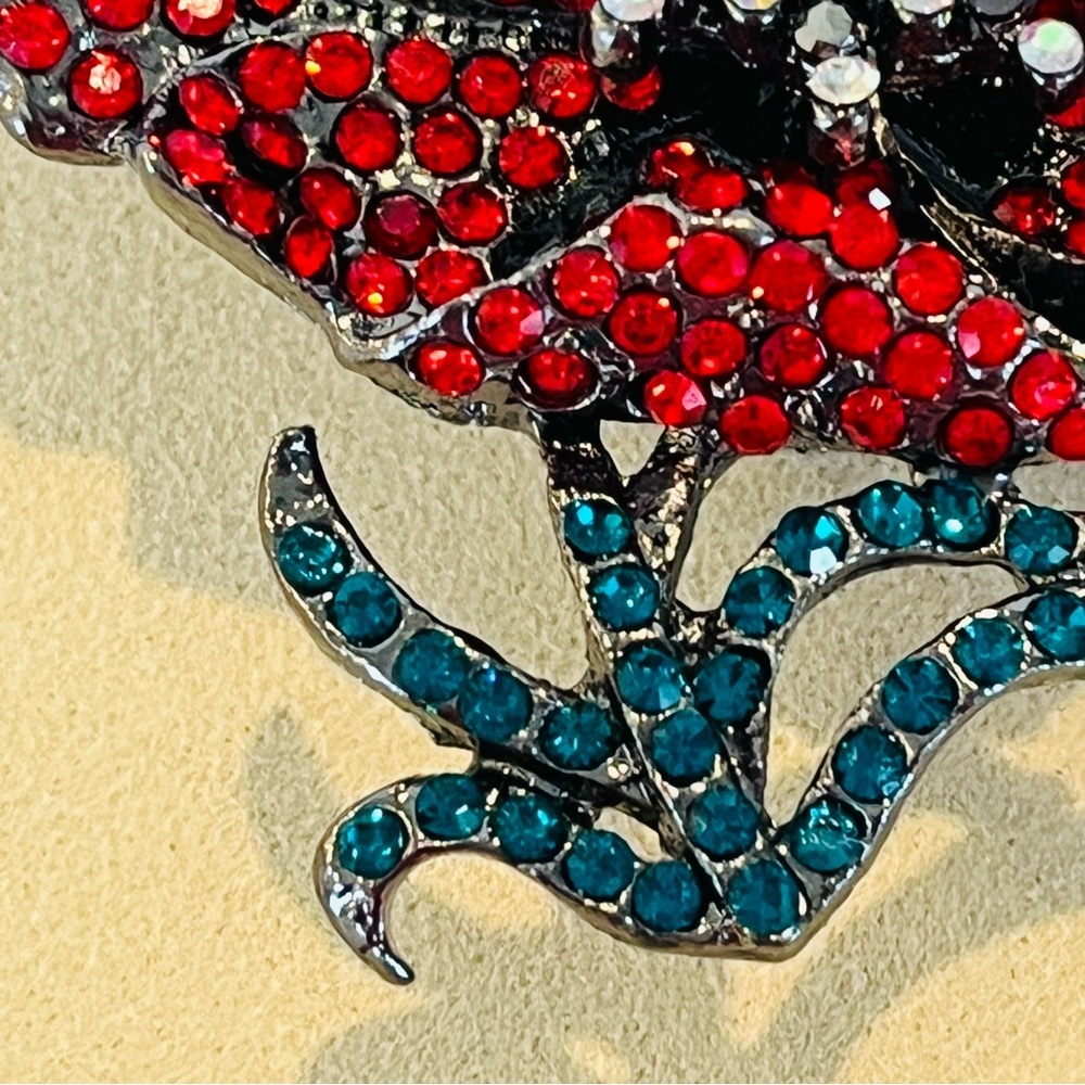 Vintage Red and Teal Crystal Poppy Brooch with Magnetic Clasp - Picture 7 of 7
